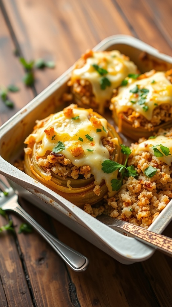 Baked onion carton filled with cheese and herbs, garnished with fresh herbs on a wooden table.